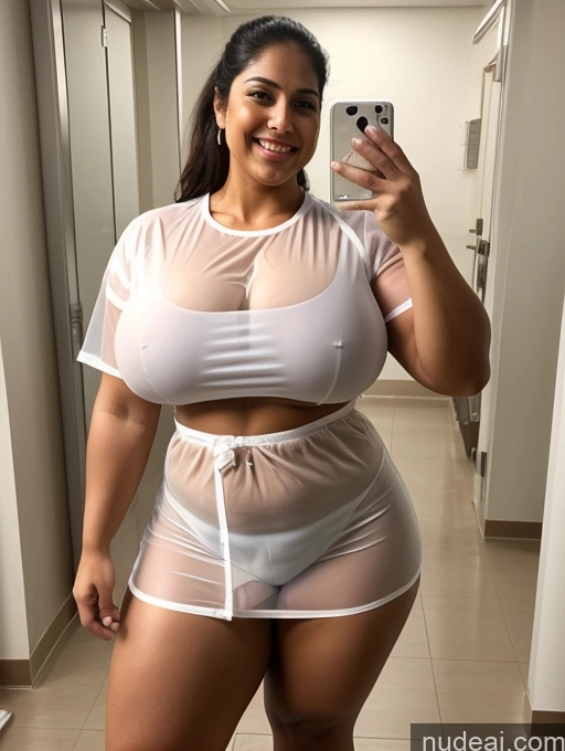 ai nude image of a woman in a sheered top and shorts taking a selfie pics of Bodybuilder Huge Boobs Big Ass Chubby Big Hips 30s Happy Indian Hospital Nurse Abs Transparent