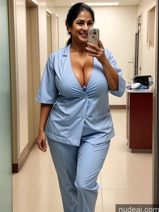 ai nude image of arafed woman in a blue suit taking a selfie in a hallway pics of Huge Boobs Big Ass Big Hips 30s Happy Indian Hospital Abs Doctor Milf Thick Cleavage