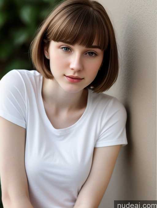 ai nude image of arafed woman with short brown hair and white shirt leaning against a wall pics of Small Tits Beautiful Skinny Fairer Skin 18 Brunette Russian Close-up View Shirt Bobcut