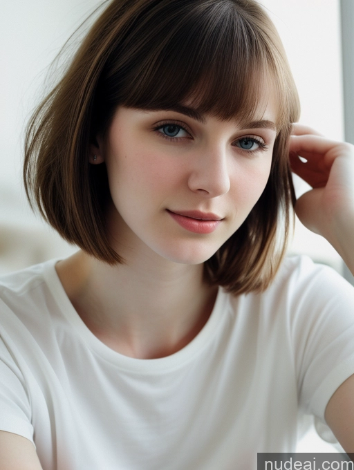 ai nude image of arafed woman with a white shirt and a brown hair pics of Small Tits Beautiful Skinny Fairer Skin 18 Brunette Russian Close-up View Shirt Bobcut