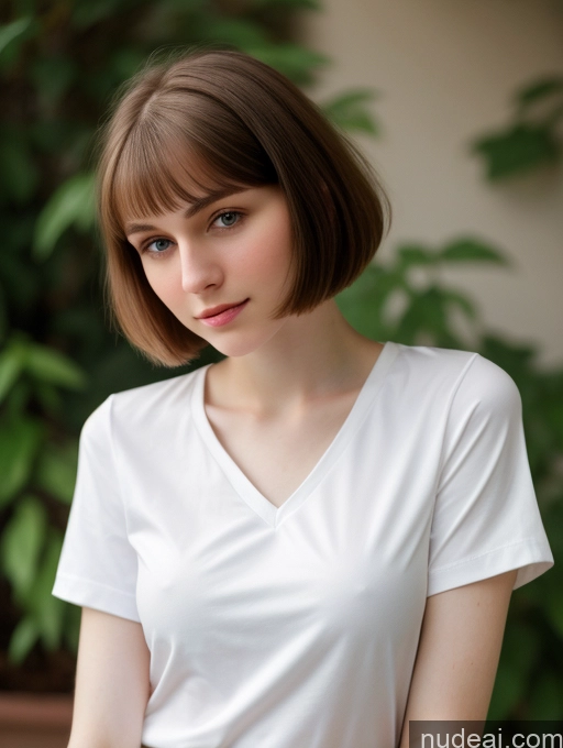 ai nude image of arafed woman with a white shirt and black skirt posing for a picture pics of Small Tits Beautiful Skinny Fairer Skin 18 Brunette Russian Close-up View Shirt Bobcut