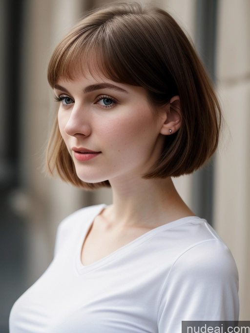 ai nude image of arafed woman with a white shirt and earrings standing outside pics of Small Tits Beautiful Skinny Fairer Skin 18 Brunette Russian Close-up View Shirt Bobcut