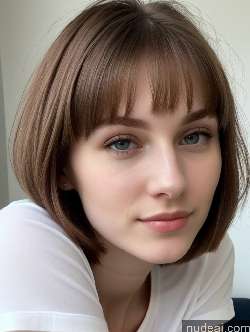 ai nude image of there is a woman with a white shirt and a brown hair pics of Small Tits Beautiful Skinny Fairer Skin 18 Brunette Russian Close-up View Shirt Bobcut