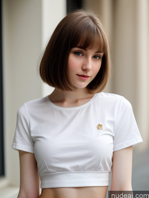 ai nude image of arafed woman with a white shirt and a brown hair pics of Small Tits Beautiful Skinny Fairer Skin 18 Brunette Russian Close-up View Shirt Bobcut