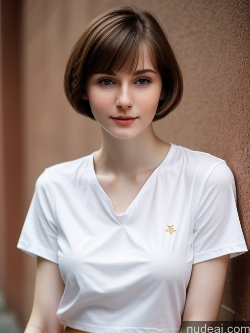 ai nude image of arafed woman leaning against a wall with a white shirt on pics of Small Tits Beautiful Skinny Fairer Skin 18 Brunette Russian Close-up View Shirt Bobcut