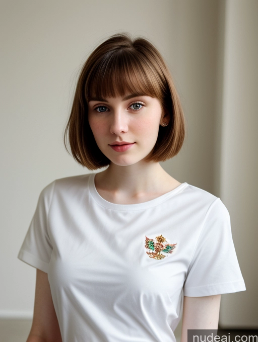 ai nude image of arafed woman with a white shirt and a flower brooch on her chest pics of Small Tits Beautiful Skinny Fairer Skin 18 Brunette Russian Close-up View Shirt Bobcut