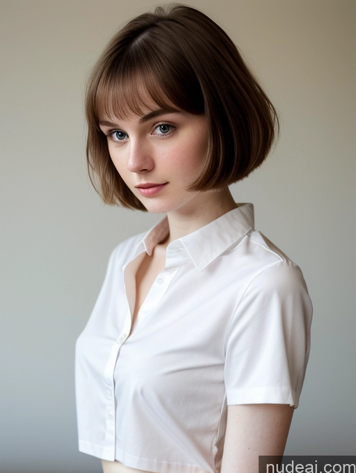 ai nude image of there is a woman with a short hair and a white shirt pics of Small Tits Beautiful Skinny Fairer Skin 18 Brunette Russian Close-up View Shirt Bobcut