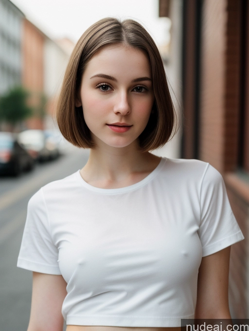 ai nude image of arafed woman in white shirt standing on street with cars in background pics of Small Tits Beautiful Skinny Fairer Skin 18 Brunette Russian Close-up View Shirt Bobcut