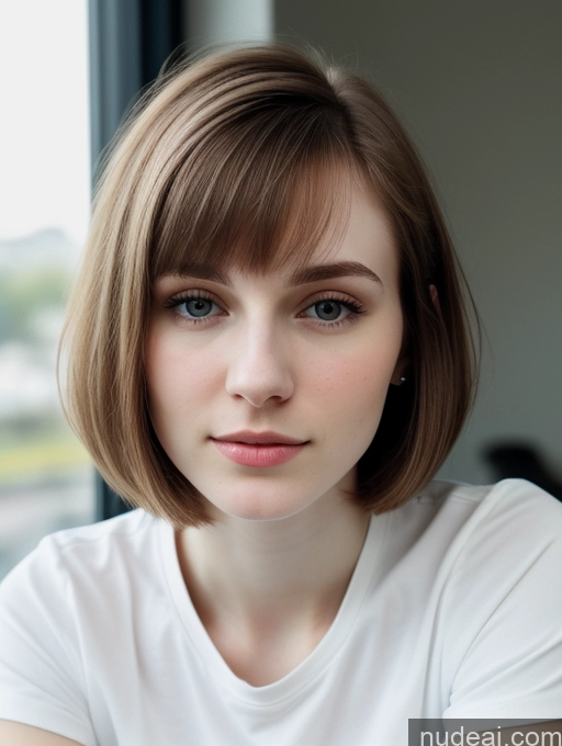 ai nude image of there is a woman with a white shirt and a brown hair pics of Small Tits Beautiful Skinny Fairer Skin 18 Brunette Russian Close-up View Shirt Bobcut