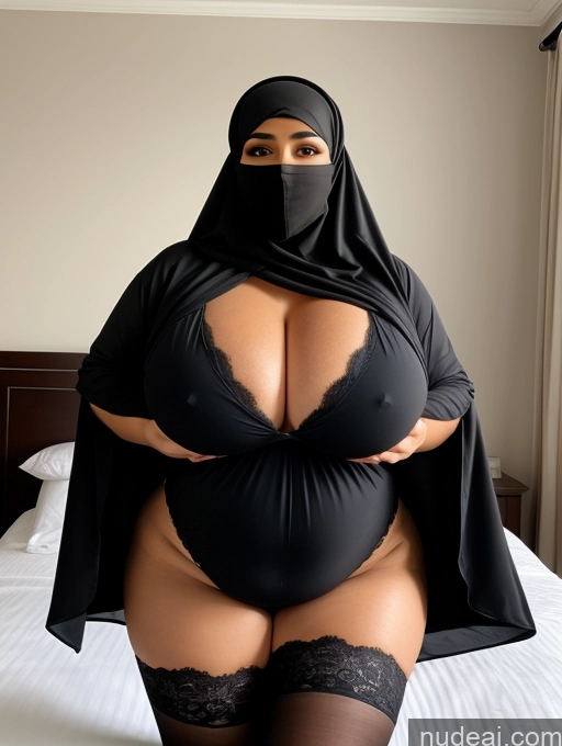 ai nude image of araffe woman in a black burqana and black lingerie posing on a bed pics of Woman One Busty Huge Boobs Perfect Boobs Beautiful Big Ass Thick Perfect Body Big Hips Black Hair Long Hair Arabic Bedroom Niqab