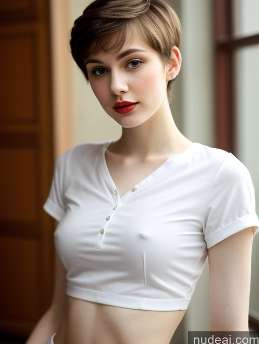 ai nude image of there is a woman with a white shirt and red lipstick pics of Small Tits Beautiful Skinny Fairer Skin 18 Brunette Russian Close-up View Shirt Lipstick Pixie