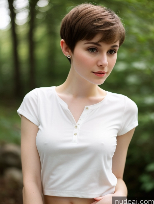 ai nude image of arafed woman in white shirt posing for a picture in the woods pics of Small Tits Beautiful Skinny Fairer Skin 18 Brunette Russian Close-up View Shirt Pixie