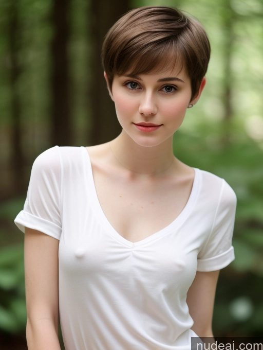 ai nude image of there is a woman that is standing in the woods with a white shirt pics of Small Tits Beautiful Skinny Fairer Skin 18 Brunette Russian Close-up View Shirt Pixie