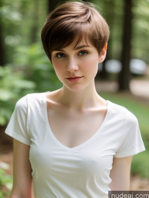 ai nude image of arafed woman with short hair and white shirt posing for a picture pics of Small Tits Beautiful Skinny Fairer Skin 18 Brunette Russian Close-up View Shirt Pixie