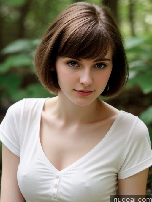 ai nude image of arafed woman with short brown hair and white shirt posing for a picture pics of Small Tits Beautiful Skinny Fairer Skin 18 Brunette Russian Close-up View Shirt Pixie