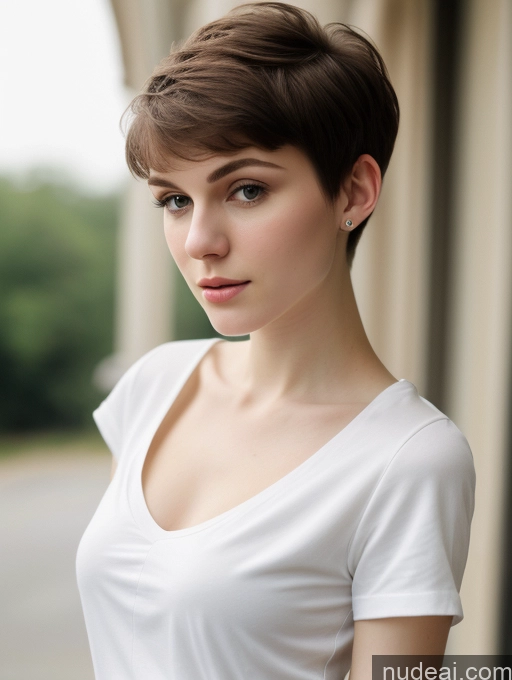 ai nude image of arafed woman with short hair and white shirt posing for a picture pics of Small Tits Beautiful Skinny Fairer Skin 18 Brunette Russian Close-up View Shirt Pixie