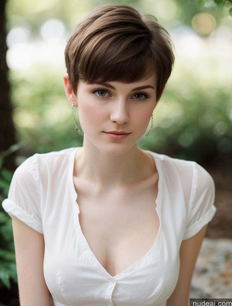 ai nude image of arafed woman with short hair and a white shirt posing for a picture pics of Small Tits Beautiful Skinny Fairer Skin 18 Brunette Russian Close-up View Shirt Pixie