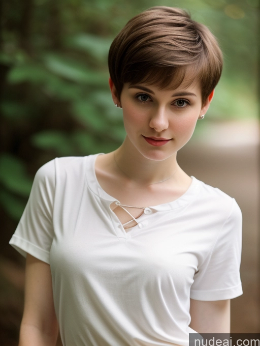 ai nude image of there is a woman with short hair and a white shirt pics of Small Tits Beautiful Skinny Fairer Skin 18 Brunette Russian Close-up View Shirt Pixie