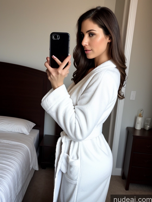 ai nude image of woman in white robe taking a selfie in front of a bed pics of Woman Perfect Boobs Beautiful Perfect Body Fairer Skin 20s Brunette Straight Brazilian Mirror Selfie Bedroom Bathrobe Detailed Serious Dark Lighting One Cleavage Side View