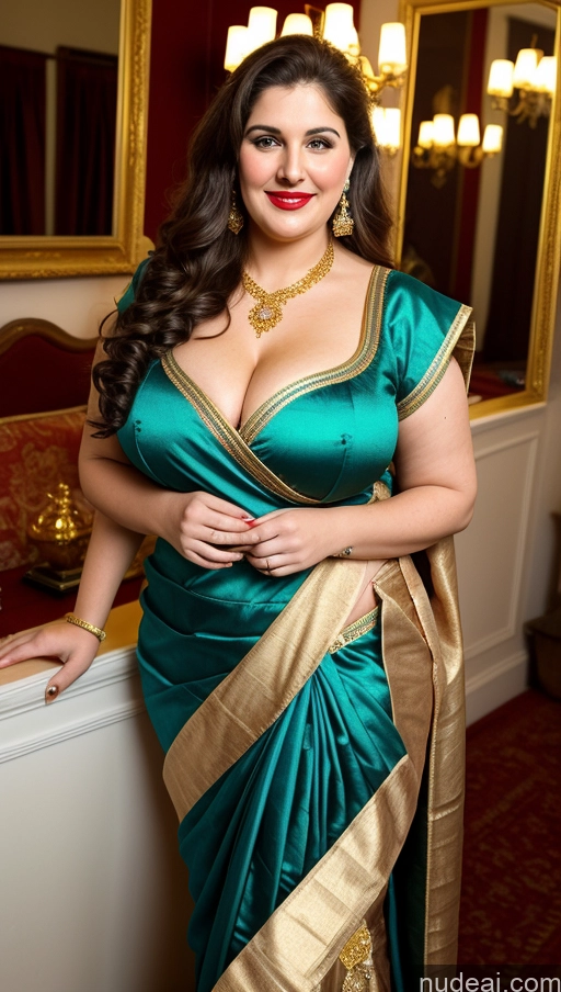 ai nude image of araffe woman in a green sari posing for a picture pics of Milf Busty Beautiful Lipstick Thick Chubby Big Hips Fat Fairer Skin 20s Happy Seductive Brunette Long Hair Russian Party Front View Straddling Sari Blouse Dirndl Victorian Cleavage Gold Jewelry