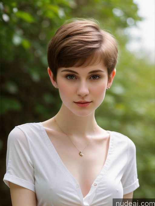 ai nude image of arafed woman with short hair wearing a white shirt and a necklace pics of Small Tits Beautiful Skinny Fairer Skin 18 Brunette Russian Close-up View Shirt Pixie