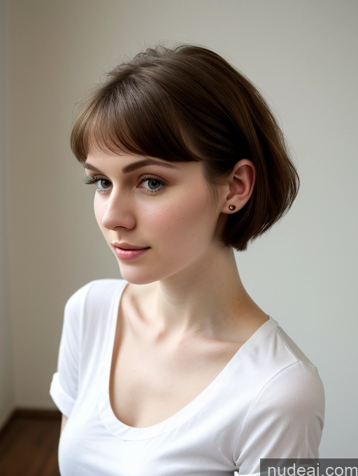 ai nude image of there is a woman with a white shirt and a brown hair pics of Small Tits Beautiful Skinny Fairer Skin 18 Brunette Russian Close-up View Shirt Pixie