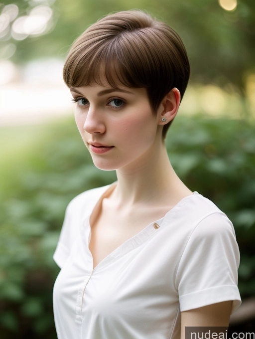 ai nude image of arafed woman with short hair and a white shirt posing for a picture pics of Small Tits Beautiful Skinny Fairer Skin 18 Brunette Russian Close-up View Shirt Pixie