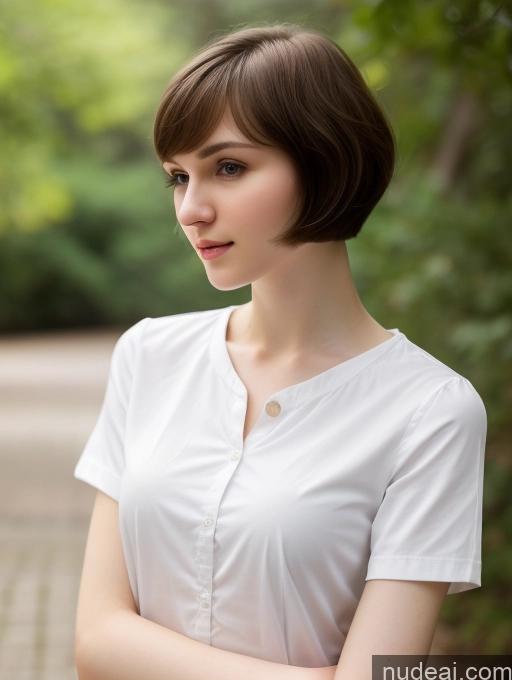 ai nude image of arafed woman with short hair wearing a white shirt and jeans pics of Small Tits Beautiful Skinny Fairer Skin 18 Brunette Russian Close-up View Shirt Short Hair