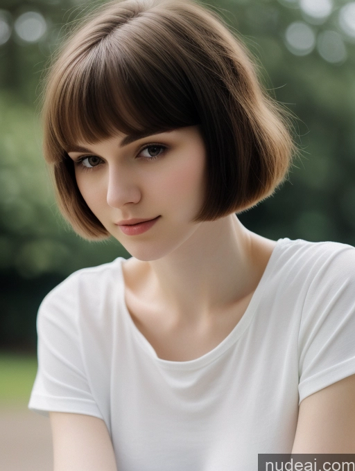 ai nude image of arafed woman with a short brown bob cut sitting on a bench pics of Small Tits Beautiful Skinny Fairer Skin 18 Brunette Russian Close-up View Shirt Short Hair