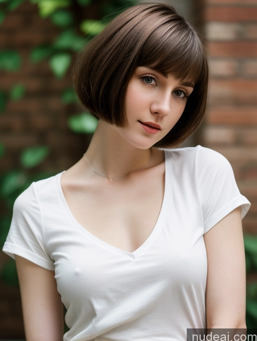 ai nude image of arafed woman with short brown hair and a white shirt pics of Small Tits Beautiful Skinny Fairer Skin 18 Brunette Russian Close-up View Shirt Short Hair