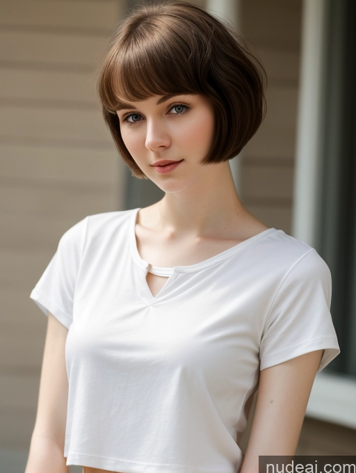 ai nude image of arafed woman with short hair and a white shirt posing for a picture pics of Small Tits Beautiful Skinny Fairer Skin 18 Brunette Russian Close-up View Shirt Short Hair