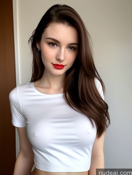 ai nude image of there is a woman with long hair and a white shirt pics of Small Tits Beautiful Lipstick Skinny Fairer Skin 18 Brunette Russian Close-up View Shirt Straight