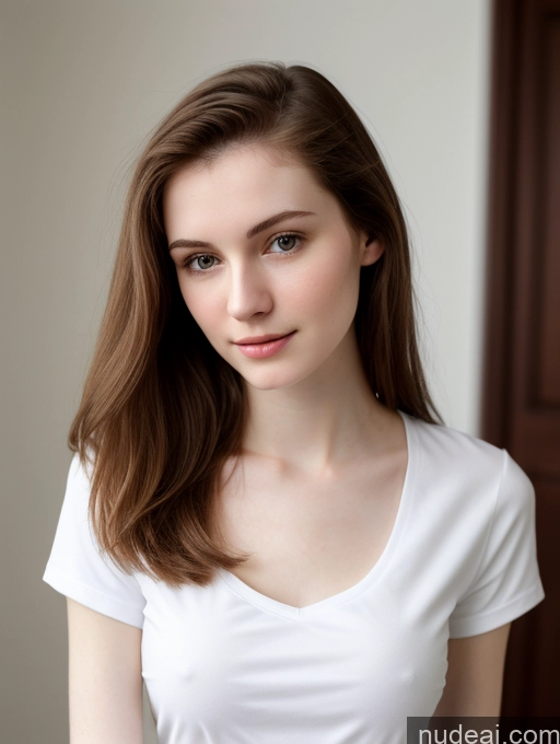 ai nude image of arafed woman with long brown hair and white shirt posing for a picture pics of Small Tits Beautiful Skinny Fairer Skin 18 Brunette Russian Close-up View Shirt Straight