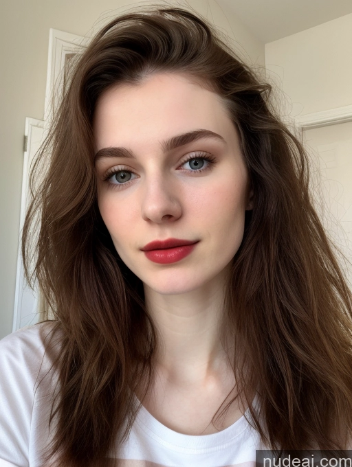 ai nude image of arafed woman with long brown hair and red lipstick looking at the camera pics of Small Tits Beautiful Skinny Fairer Skin 18 Brunette Russian Close-up View Shirt Messy Lipstick