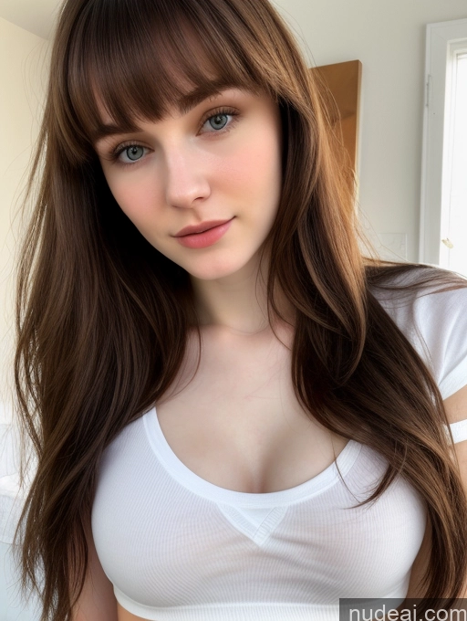 ai nude image of arafed woman with long brown hair wearing a white top pics of Small Tits Beautiful Skinny Fairer Skin 18 Brunette Russian Close-up View Shirt Bangs