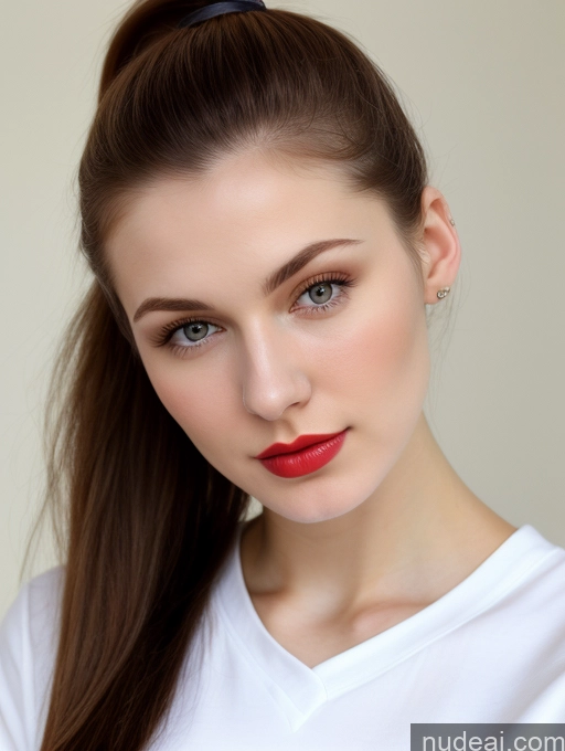 ai nude image of there is a woman with a red lipstick and a white shirt pics of Small Tits Beautiful Lipstick Skinny Fairer Skin 18 Brunette Russian Close-up View Shirt Ponytail