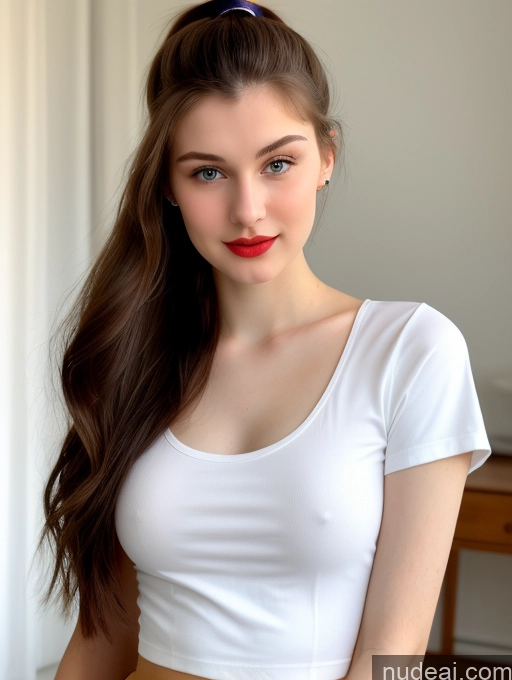 ai nude image of arafed woman with long brown hair wearing a white shirt and a brown skirt pics of Small Tits Beautiful Lipstick Skinny Fairer Skin 18 Brunette Russian Close-up View Shirt Ponytail