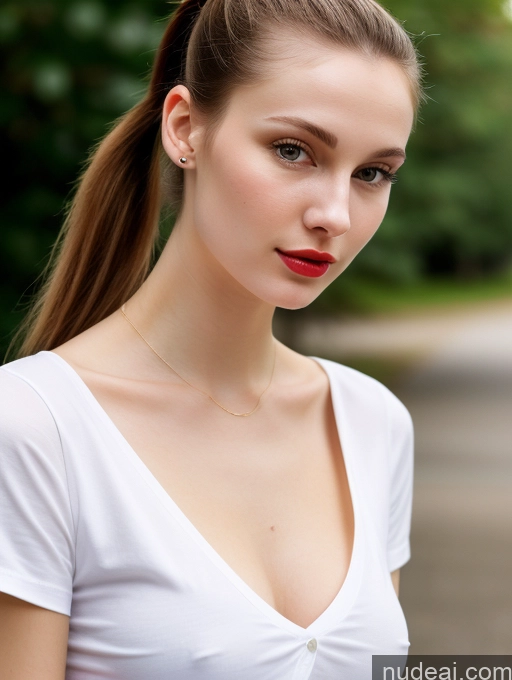 ai nude image of arafed woman with a red lip and a white shirt pics of Small Tits Beautiful Lipstick Skinny Fairer Skin 18 Brunette Russian Close-up View Shirt Ponytail