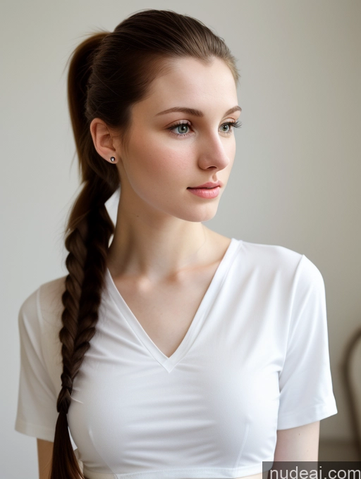 ai nude image of arafed woman with a white shirt and braided hair pics of Small Tits Beautiful Skinny Fairer Skin 18 Brunette Russian Close-up View Shirt Ponytail