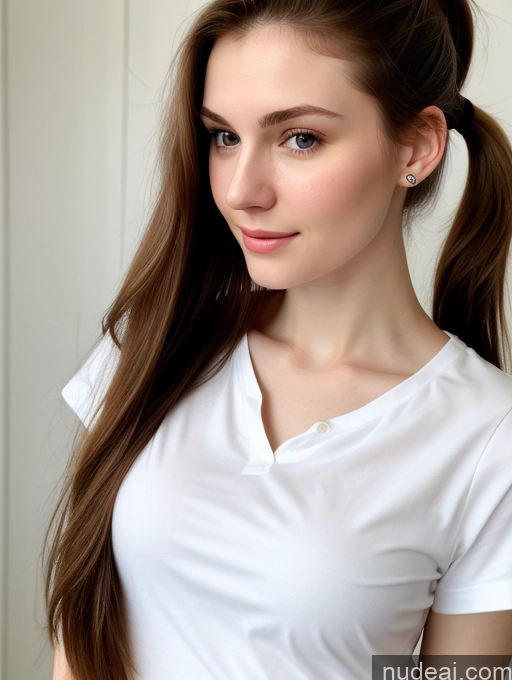 ai nude image of there is a woman with long hair wearing a white shirt pics of Small Tits Beautiful Skinny Fairer Skin 18 Brunette Russian Close-up View Shirt Ponytail