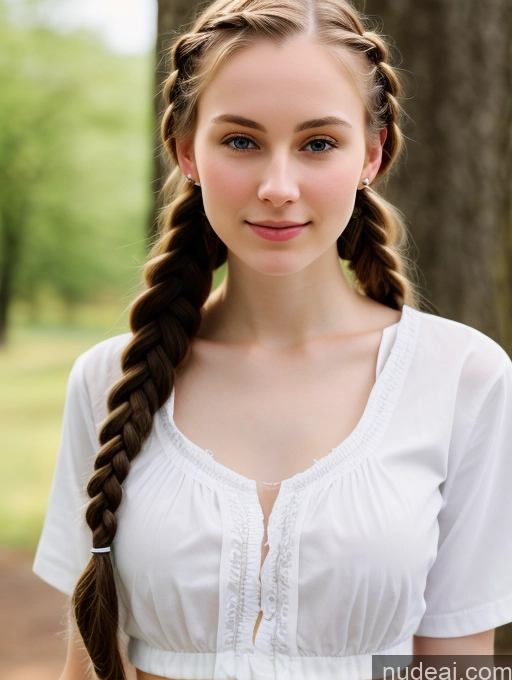 ai nude image of arafed woman with long braids in a white top standing in a park pics of Small Tits Beautiful Skinny Fairer Skin 18 Brunette Russian Close-up View Shirt Braided