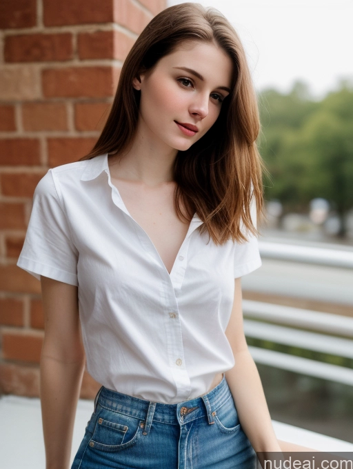 ai nude image of arafed woman in white shirt and jeans leaning against a brick wall pics of Small Tits Beautiful Skinny Fairer Skin 18 Brunette Russian Close-up View Shirt Straight Jeans