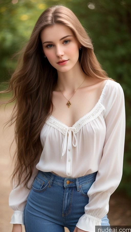 ai nude image of arafed woman with long hair wearing a white blouse and jeans pics of One Small Tits Beautiful Skinny Fairer Skin 18 Brunette Russian Blouse Jeans Detailed Long Hair