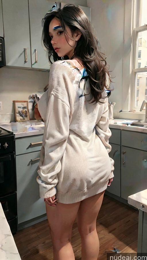 Woman One Huge Boobs Skinny 18 Black Hair Long Hair White Kitchen Eating Oversized Sweater/Hoodie