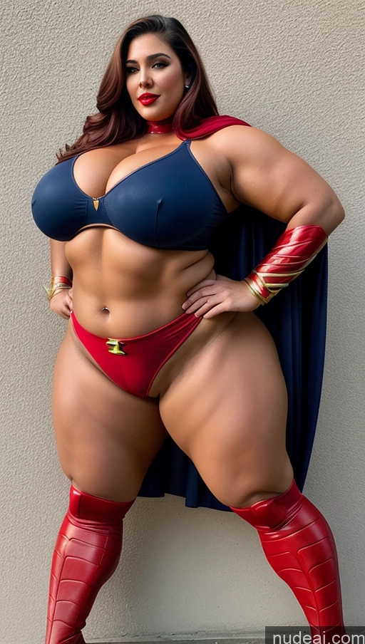 ai nude image of araffe woman in a red and blue costume posing for a picture pics of Huge Boobs Lipstick Big Ass Abs Chubby Muscular Long Hair Superhero