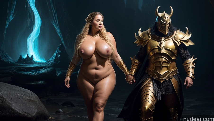 ai nude image of araffes are dressed as a female warrior and a male warrior pics of Woman + Man Several Huge Boobs Perfect Boobs Beautiful Big Ass Abs Thick Chubby Fat Big Hips Long Legs Tall Oiled Body 60s Braided Back View Nude Fantasy Armor Gold Jewelry Bright Lighting Alternative Death Knight Hell Surrealist