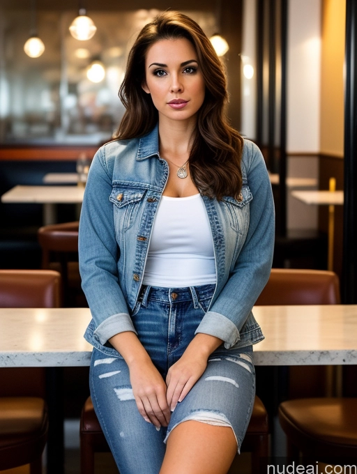 ai nude image of arafed woman sitting on a table in a restaurant with a white tank top pics of Woman Perfect Boobs Beautiful Perfect Body Fairer Skin 20s Serious Brunette Straight Brazilian Front View Bright Lighting Detailed Casual Jeans Jacket Shirt Restaurant Several