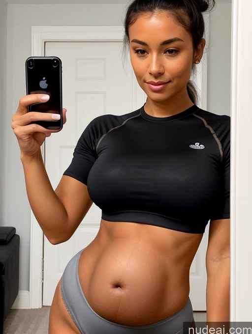 ai nude image of pregnant woman in a black sports bra top taking a selfie pics of Perfect Boobs Short Perfect Body Pregnant Tanned Skin 18 Black Hair Hair Bun Mirror Selfie Front View Bra Yoga Pants Bright Lighting Detailed