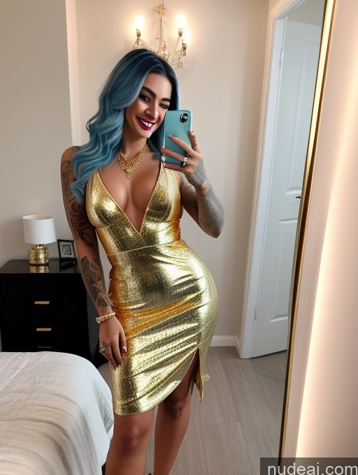 related ai porn images free for Tattoos Lipstick Perfect Body 20s Happy High Heels Gold Jewelry Diamond Jewelry Bright Lighting Detailed Blue Hair Beautiful Sexy Face Long Hair Turkish Mirror Selfie Bedroom Dress Front View