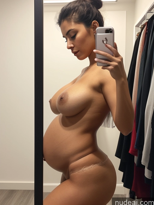 ai nude image of pregnant woman taking selfie in mirror with cell phone in room pics of Perfect Boobs Big Hips Perfect Body Pubic Hair Pregnant Tanned Skin 18 Serious Black Hair Hair Bun Spanish Nude Detailed Side View Mirror Selfie Changing Room